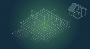 Représentation graphique abstraite d'une étude de potentiel immobilier sur fond bleu pétrole. À gauche, un terrain en perspective isométrique représenté sous forme de plan technique avec des lignes de calcul, des tracés de zonage et des mesures de construction en néon vert et blanc. À droite, en suspension, une icône de maison stylisée en 3D montrant sa structure intérieure. L'ensemble évoque la précision architecturale et la transformation d'un terrain en projet concret
