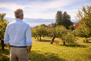 propriétaire analysant un terrain à vendre dans le canton de Vaud